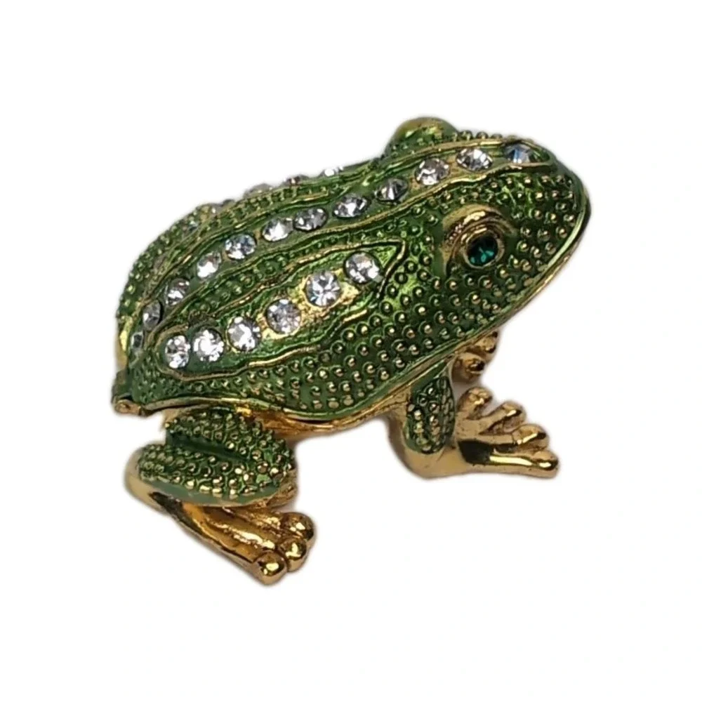 Hinged Keren Kopal Style Gold Tone Frog Trinket Box Rhinestones Green Eyes Vintg